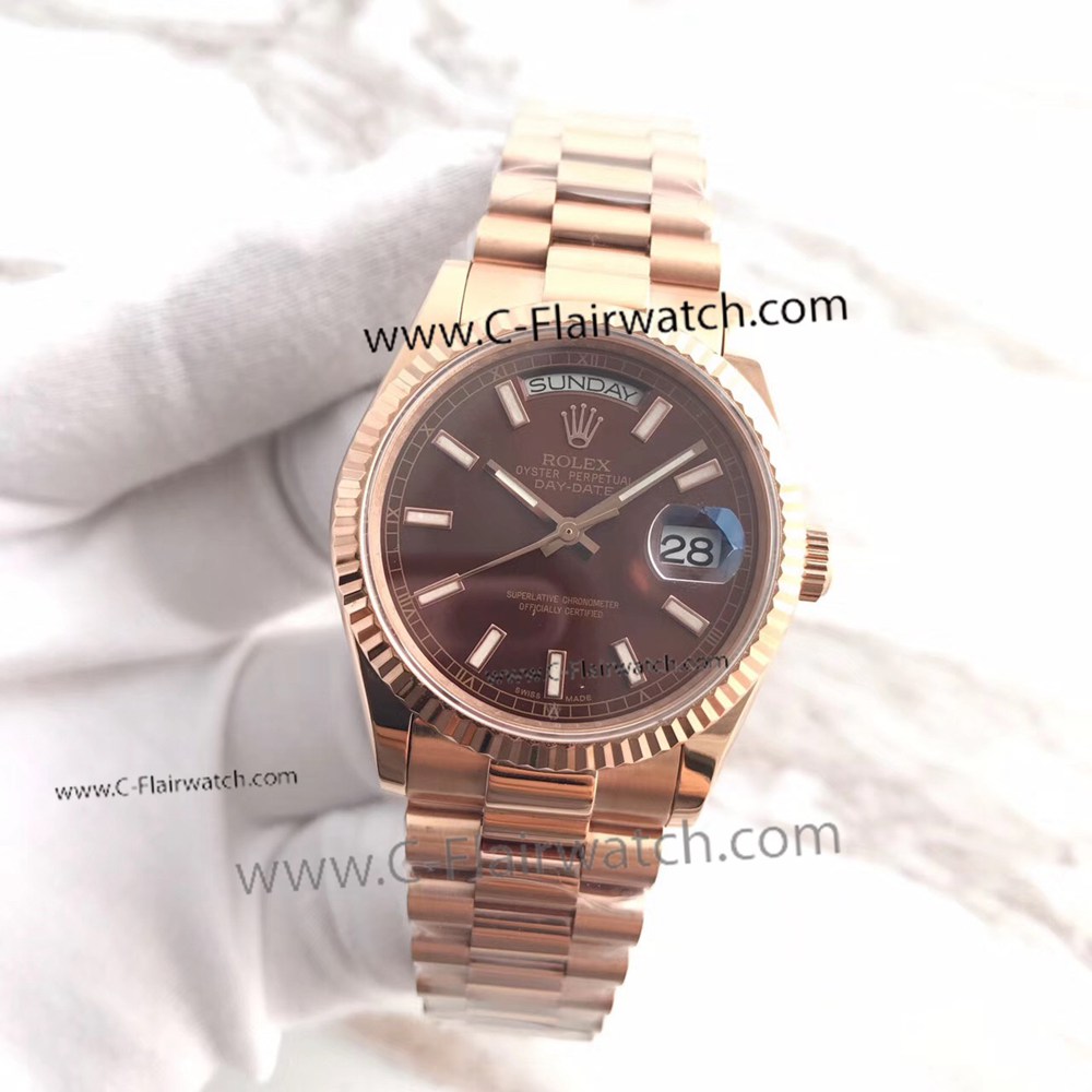 Rose Gold Brown Dial Rolex Oyster Perpetual Day Date Fake Watch